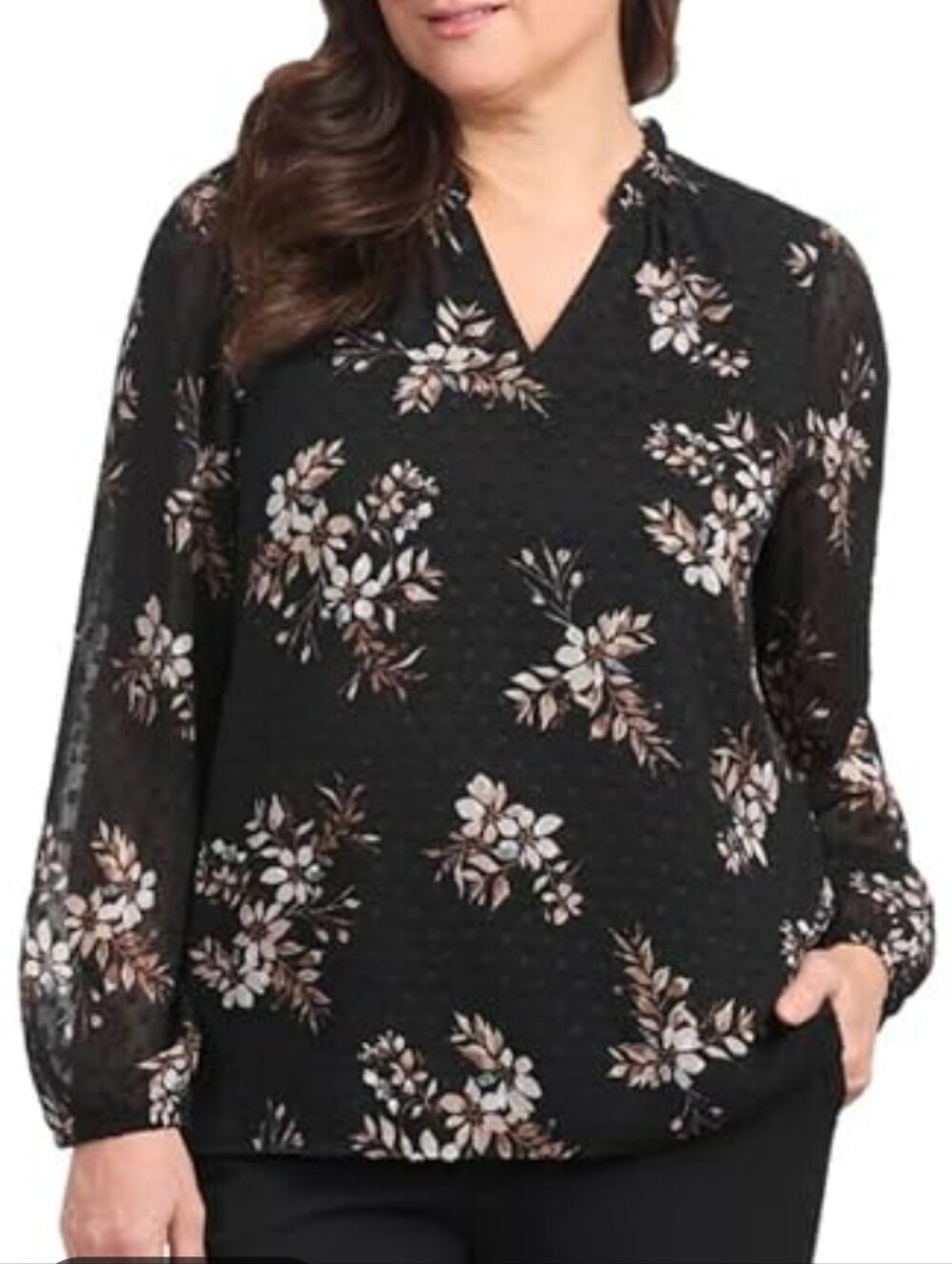 Hillary Radley Women's Black Floral Chiffon Long-Sleeve Blouse In XXL